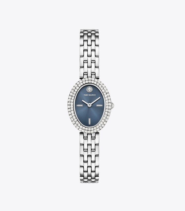 Tory Burch diseñador relojes con correa Reloj ovalado en BLUE/STONES/SILVER frontal