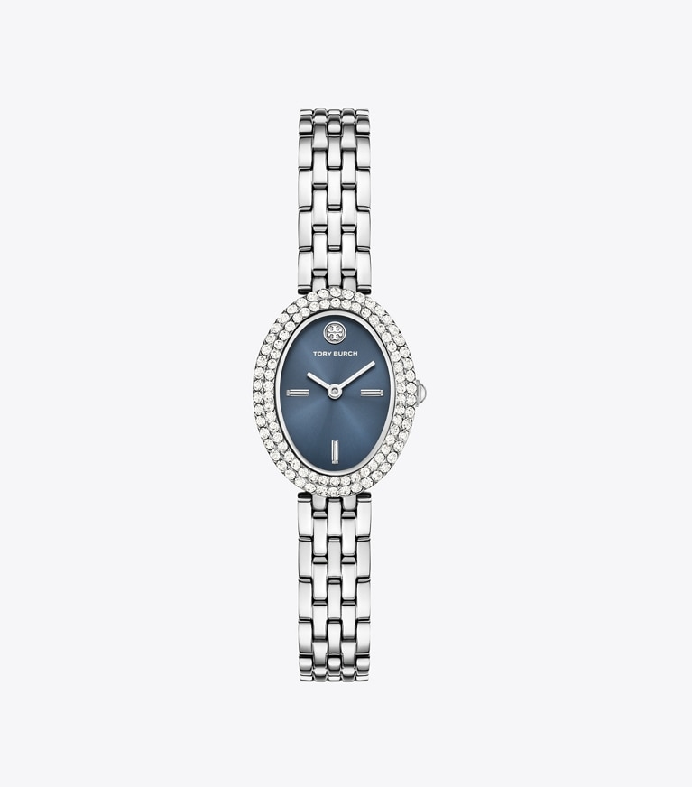 Tory Burch diseñador relojes con correa Reloj ovalado en BLUE/STONES/SILVER frontal