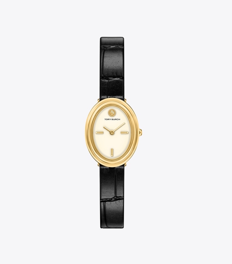 Tory Burch diseñador relojes con correa Reloj ovalado en IVORY/GOLD/BLACK frontal