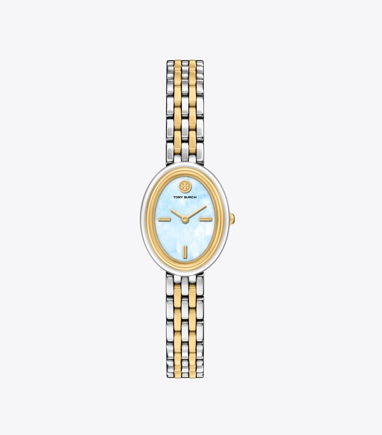Tory Burch diseñador relojes con correa Reloj ovalado en LIGHT BLUE MOP/GOLD/TWO-TONE frente