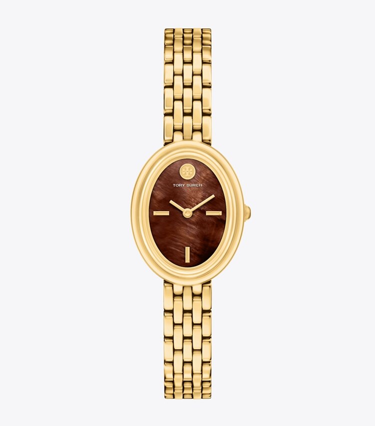Tory Burch diseñador relojes con correa Reloj ovalado en CHOCOLATE MOTHER-OF-PEARL/GOLD frente