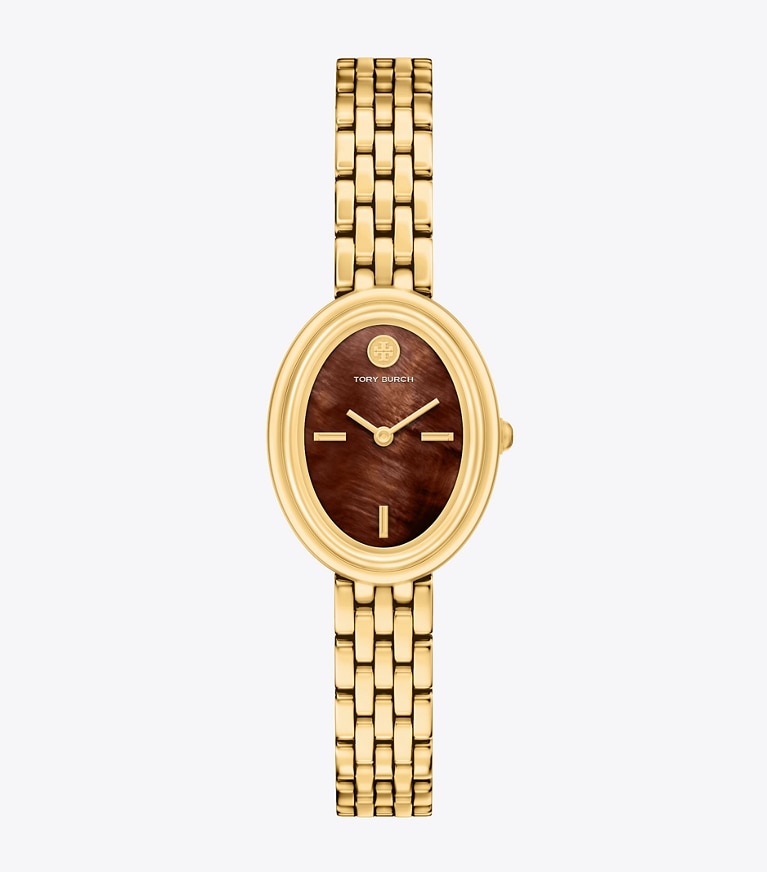 Tory Burch diseñador relojes con correa Reloj ovalado en CHOCOLATE MOTHER-OF-PEARL/GOLD frente