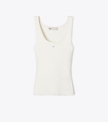 Tory Burch diseñador tops Remera sin mangas de punto de viscosa en New Ivory frente