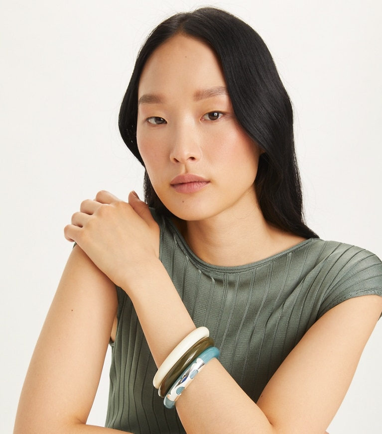 Tory Burch designer bracelets Resin Bangle Set in Swirl Blue / Ivory / Green front