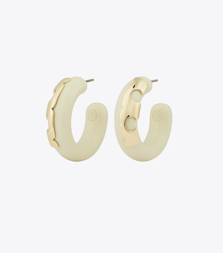 Tory Burch designer earrings Resin Hoop Earrings in Tory Gold / Cream front