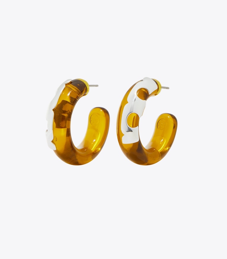 Tory Burch designer earrings Resin Hoop Earrings in Light Silver / Yellow front