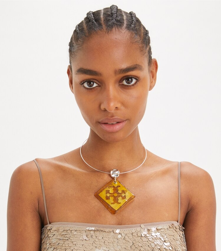 Tory Burch designer necklaces Resin Logo Collar Necklace in Light Silver / Light Topaz accessory on model
