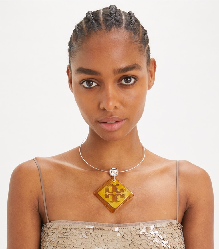 Tory Burch designer necklaces Resin Logo Collar Necklace in Light Silver / Light Topaz front