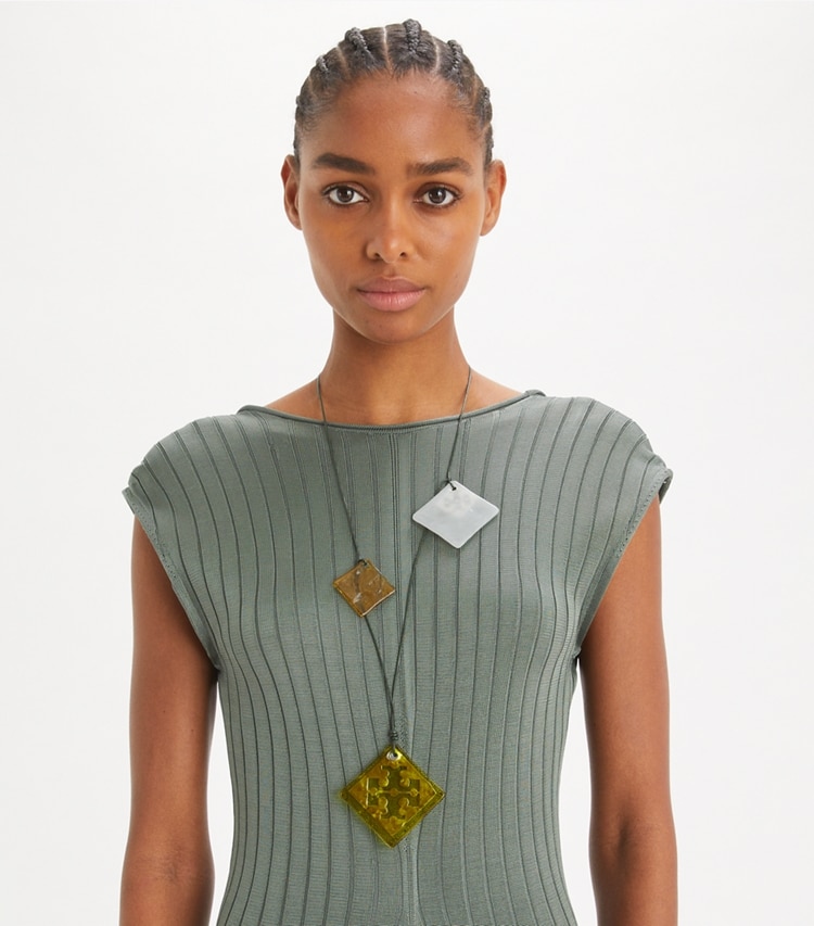 Tory Burch designer necklaces Resin Logo Long Necklace in Light Silver / Dark Green / Multi accessory on model