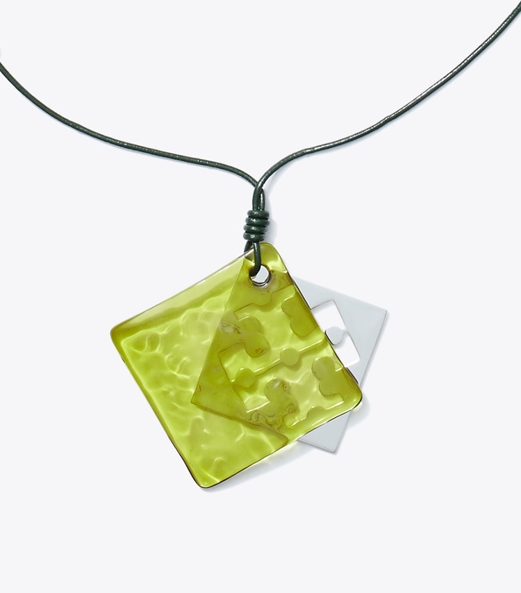 Tory Burch designer necklaces Resin Logo Long Necklace in Light Silver / Dark Green / Multi detail