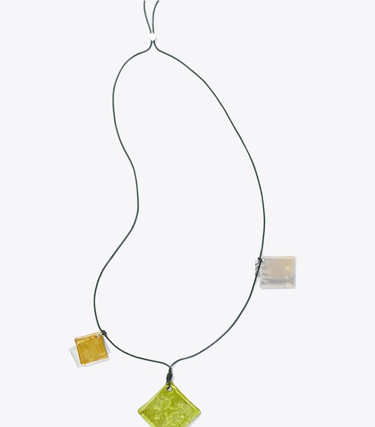 Tory Burch designer necklaces Resin Logo Long Necklace in Light Silver / Dark Green / Multi front
