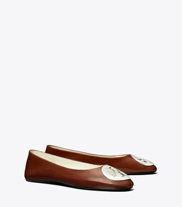 Tory Burch designer flats Reva Ballet in RUSSET BROWN angle