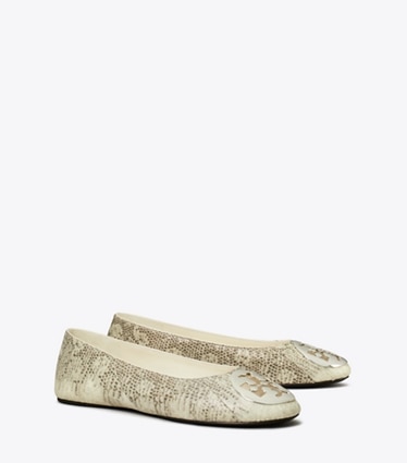Tory Burch designer flats Reva Ballet in LIZARD SNAKESKIN / SILVER angle