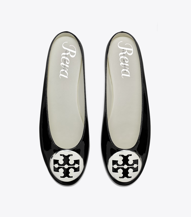 Tory Burch designer flats Reva Ballet Mule in PERFECT BLACK overhead