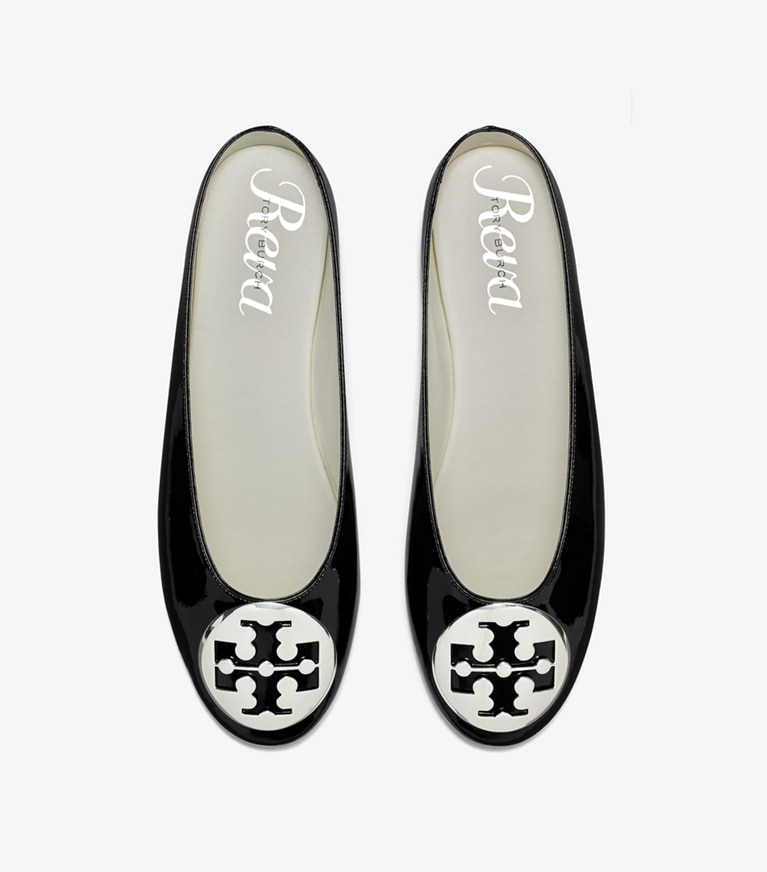 Tory Burch designer flats Reva Ballet Mule in PERFECT BLACK overhead