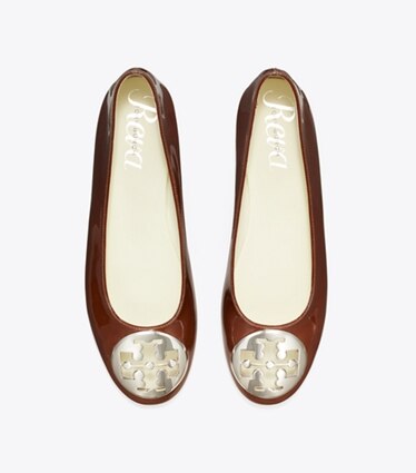 Tory Burch designer flats Reva Ballet in RUSSET BROWN overhead