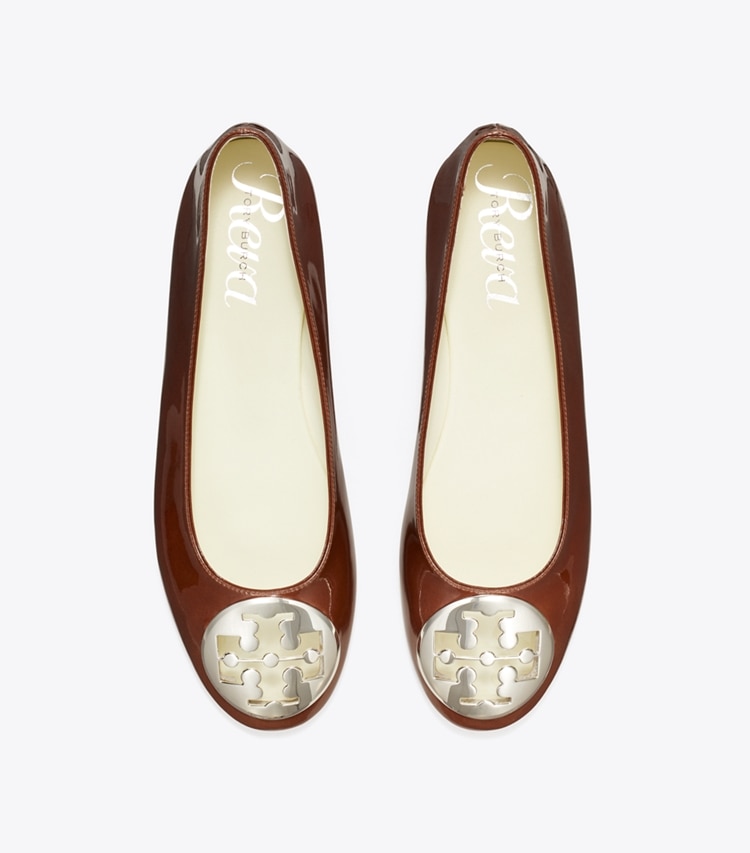 Tory Burch designer flats Reva Ballet in RUSSET BROWN overhead
