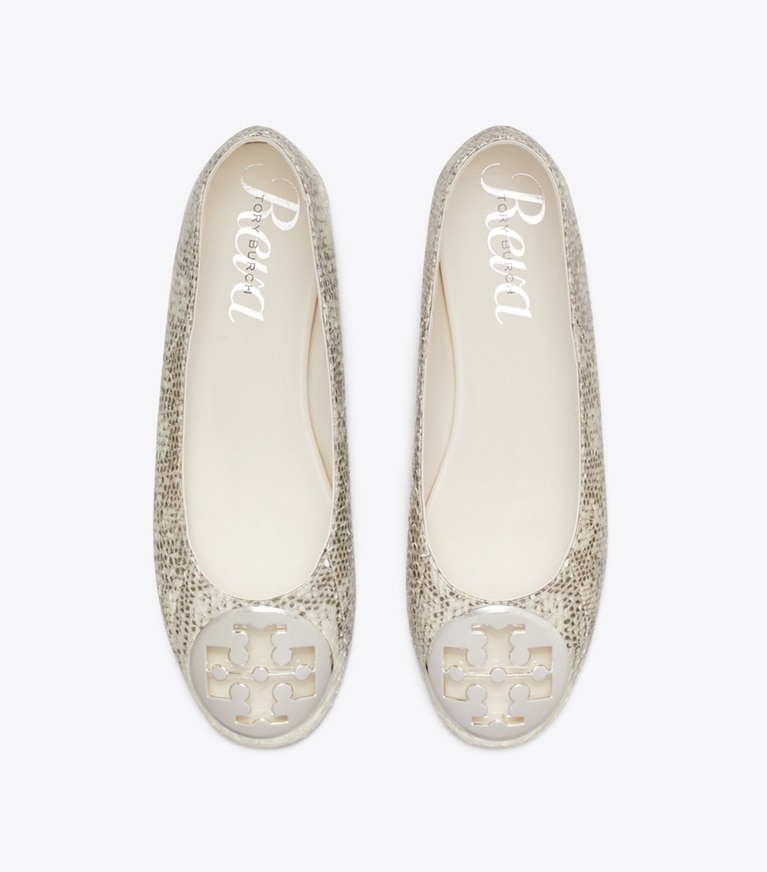 Tory Burch designer flats Reva Ballet in LIZARD SNAKESKIN / SILVER overhead