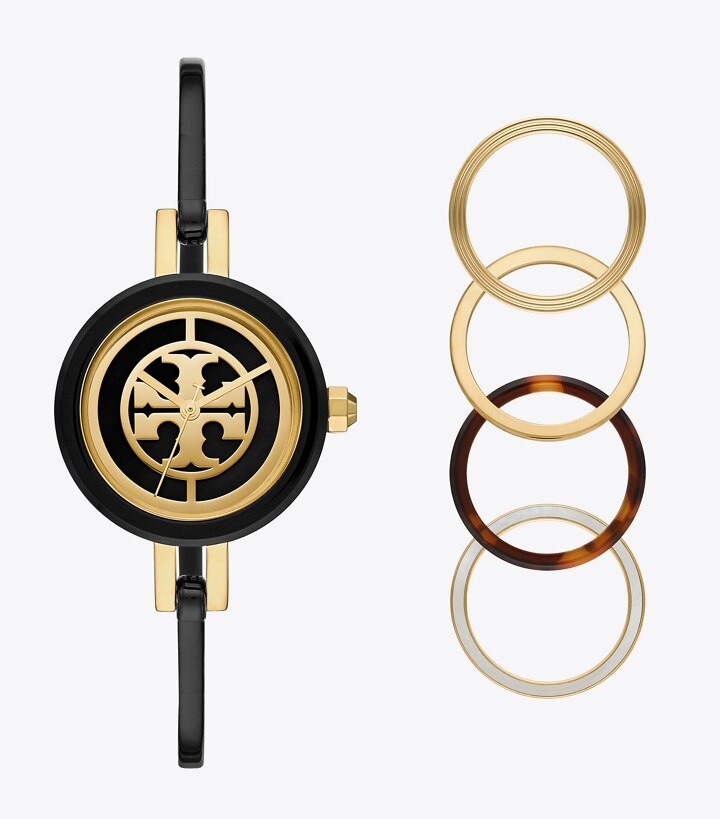 Reva Bangle Watch Gift Set, Black/Gold Stainless Steel/Multi-Color