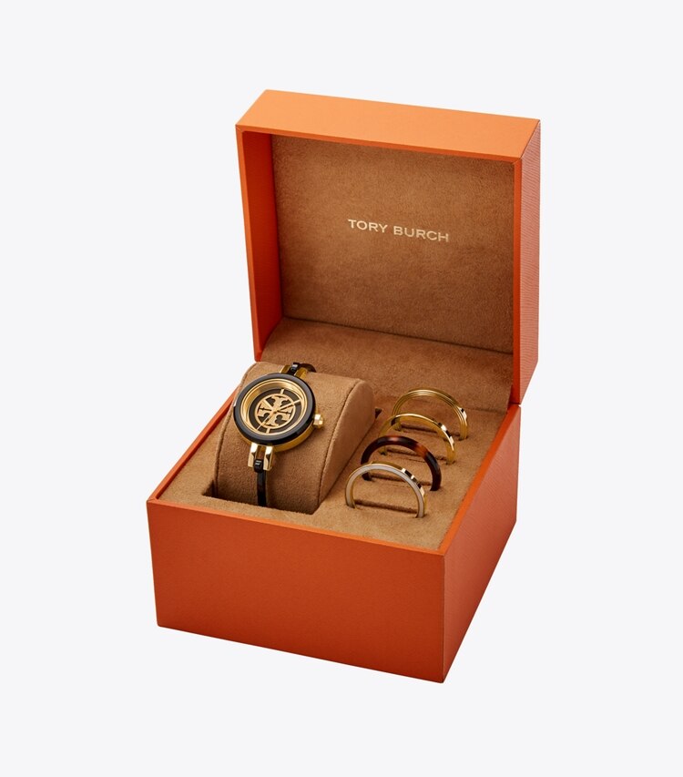 Tory Burch designer strap watches Reva Bangle Watch Gift Set, Black/Gold Stainless Steel/Multi-Color, 29 MM in BLACK/GOLD/MULTI watches box