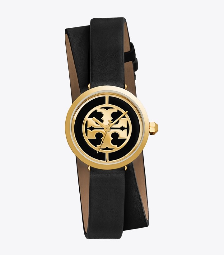 Reva Double-Wrap Watch, Black Leather/Gold-Tone, 28 MM: Women's Watches |  Strap Watches | Tory Burch UK