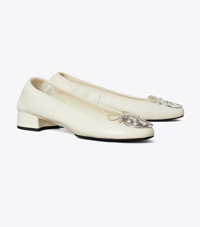 Tory Burch designer flats Reva Heeled Ballet in LIGHT CREAM / SILVER angle