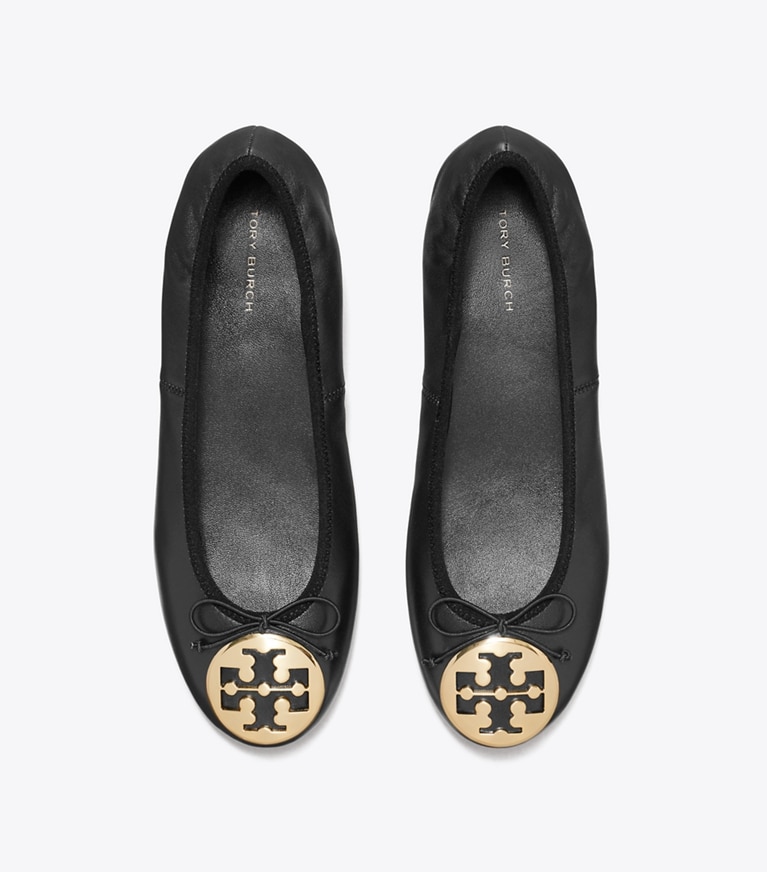 Tory Burch designer flats Reva Heeled Ballet in PERFECT BLACK / GOLD angle