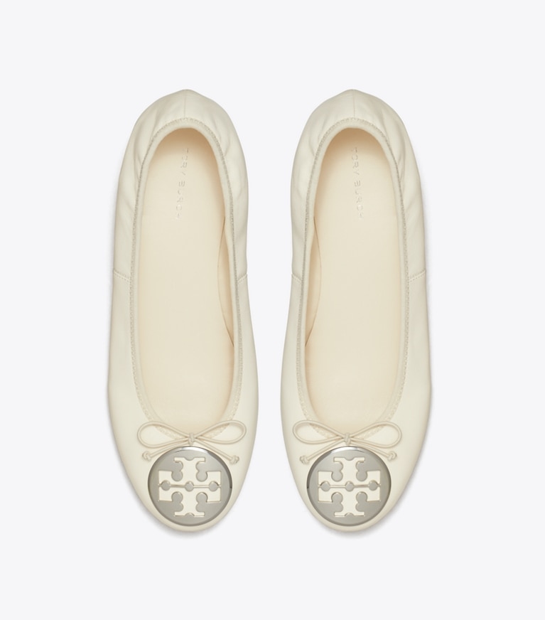Tory Burch designer flats Reva Heeled Ballet in LIGHT CREAM / SILVER angle