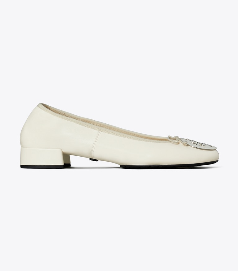 Tory Burch designer flats Reva Heeled Ballet in LIGHT CREAM / SILVER angle