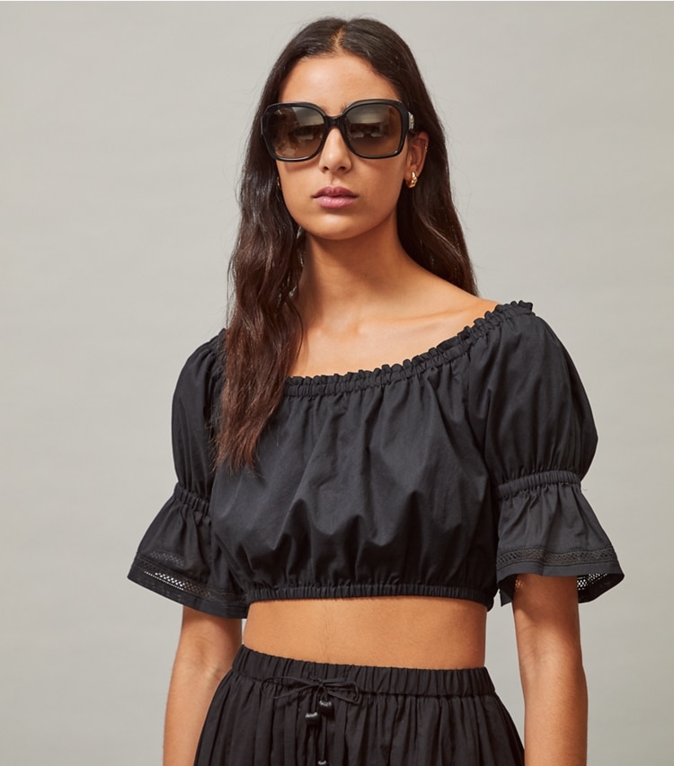 Tory Burch designer sunglasses & eyewear Reva Large Square Sunglasses in Dark Tortoise accessory on model