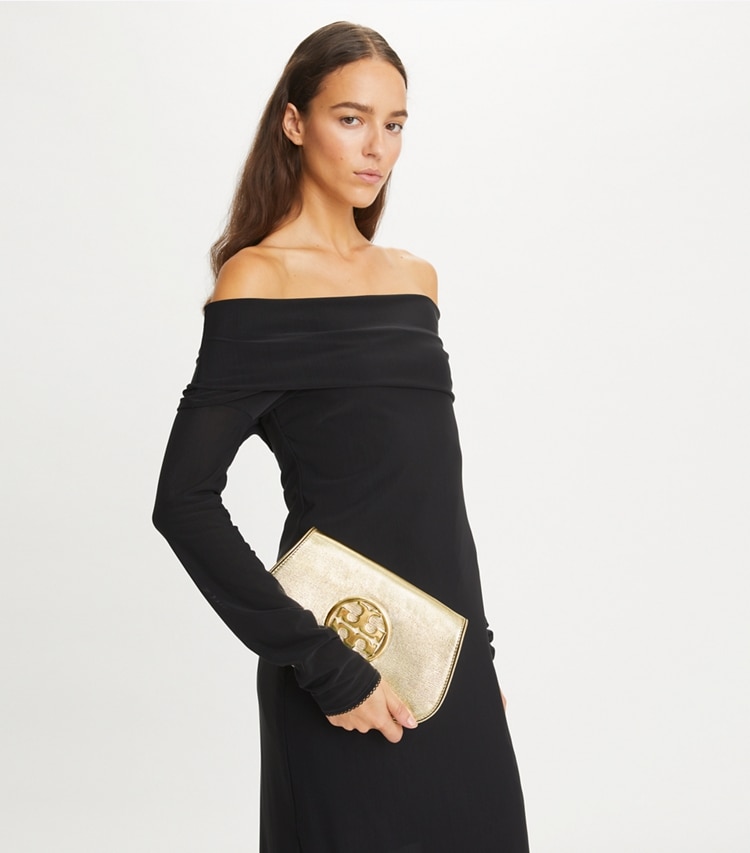 Tory Burch designer clutches Reva Metallic Clutch in Gold additional on model
