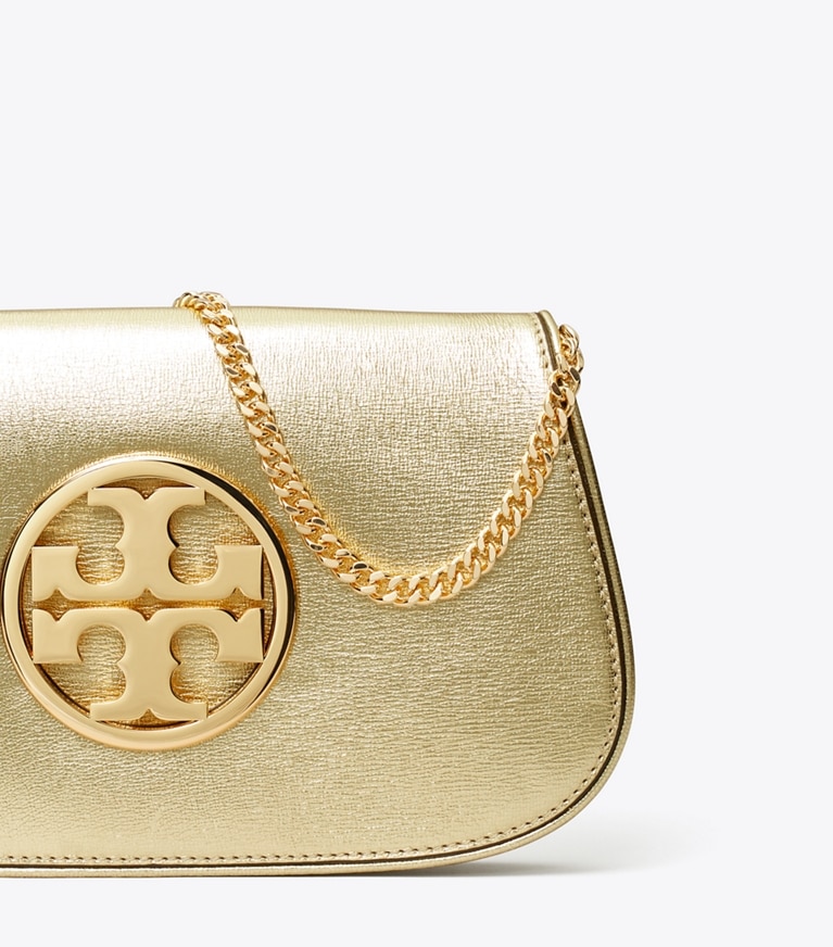 Tory Burch designer clutches Reva Metallic Clutch in Gold angle
