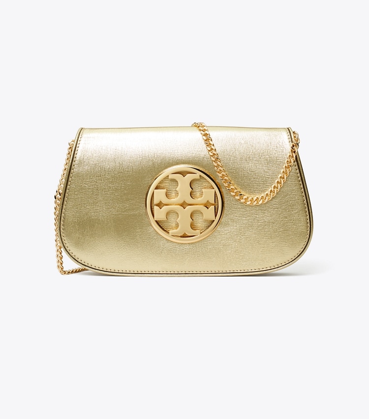 Tory Burch designer clutches Reva Metallic Clutch in Gold front