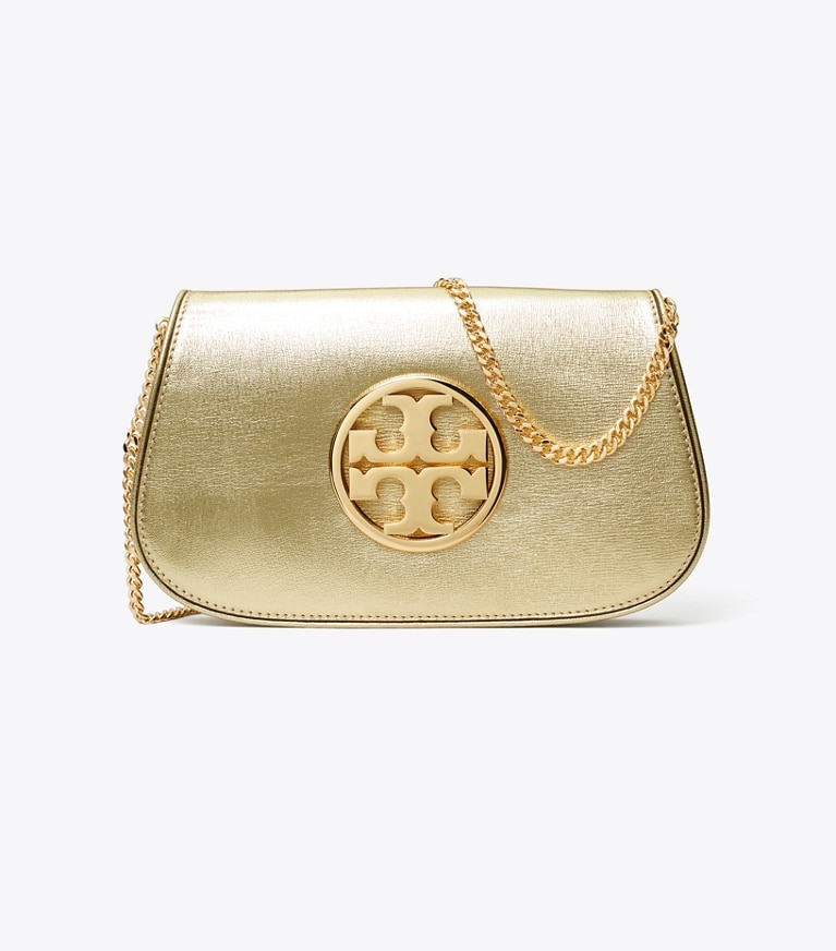 Tory Burch designer clutches Reva Metallic Clutch in Gold angle