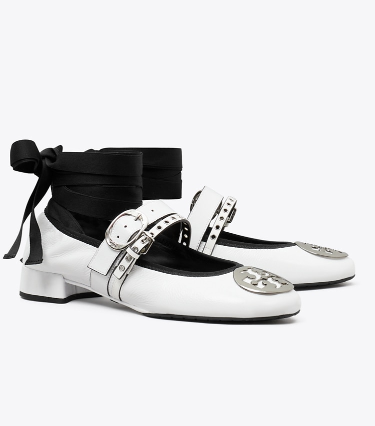 Tory Burch designer flats Reva Punk Heeled Ballet in CIRRUS CLOUD / SILVER angle