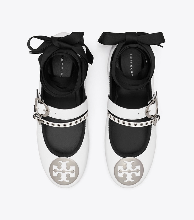 Tory Burch designer flats Reva Punk Heeled Ballet in CIRRUS CLOUD / SILVER overhead