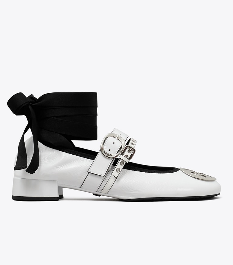 Tory Burch designer flats Reva Punk Heeled Ballet in CIRRUS CLOUD / SILVER side