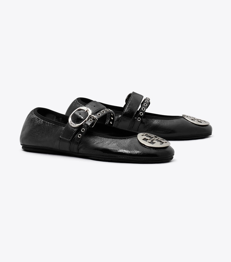 Tory Burch designer flats Reva Punk Travel Ballet in PERFECT BLACK / SILVER angle