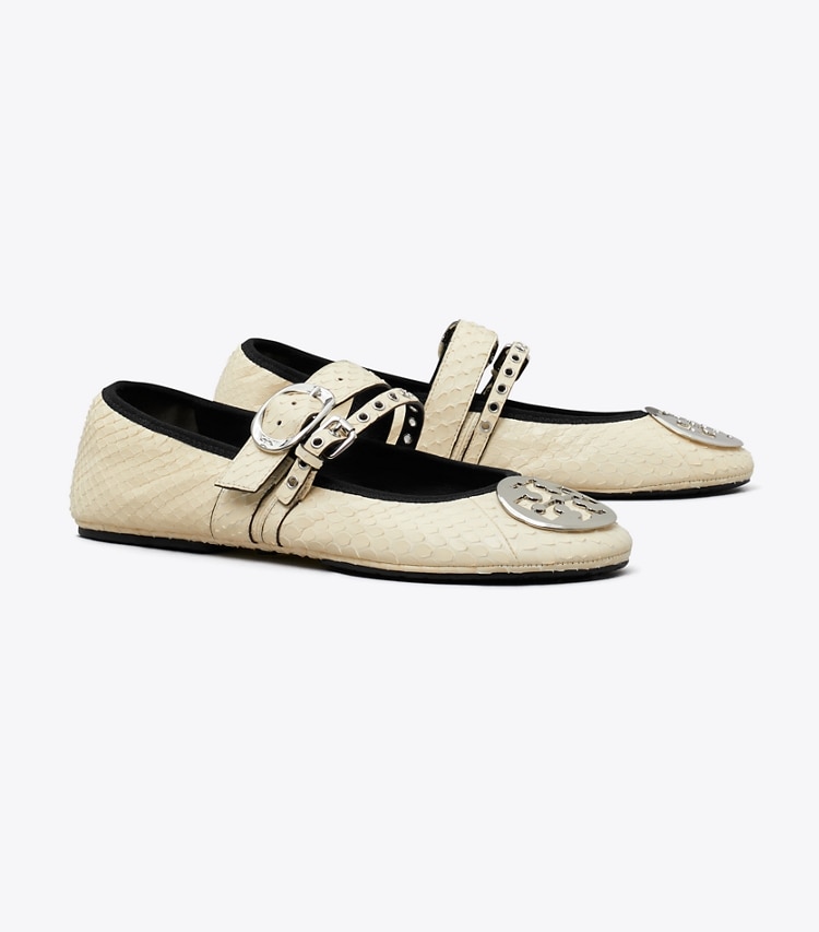 Tory Burch designer flats Reva Punk Travel Ballet in BUTTER / SILVER angle