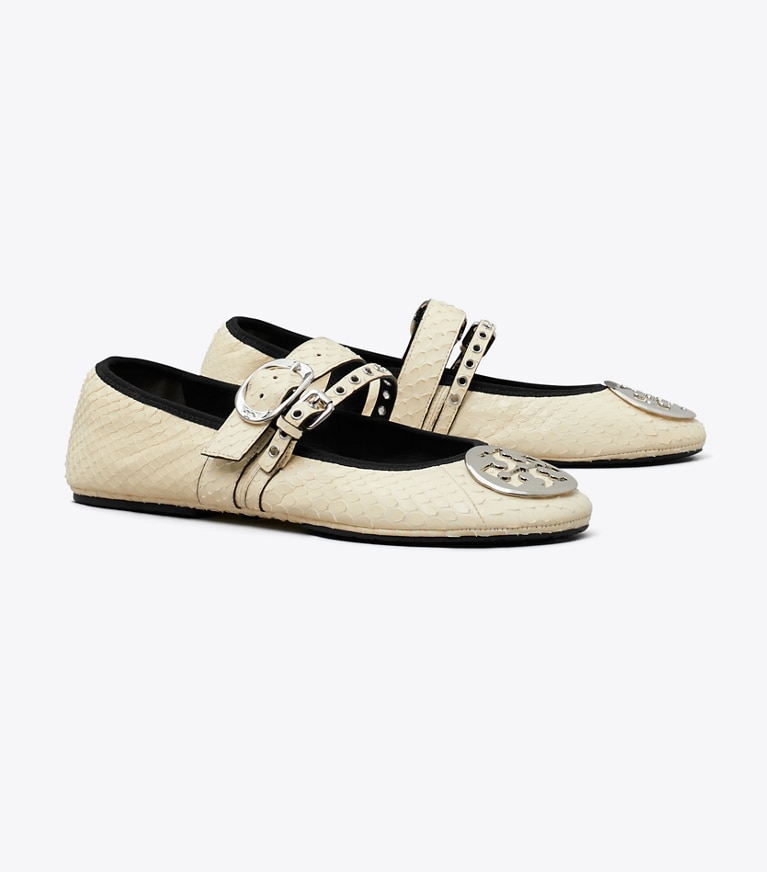 Tory Burch designer flats Reva Punk Travel Ballet in BUTTER / SILVER angle