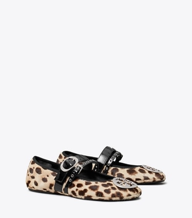 Tory Burch designer flats Reva Punk Travel Ballet in CHEETAH SPOTS / SILVER angle