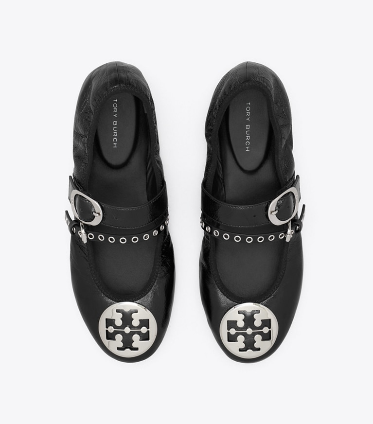 Tory Burch designer flats Reva Punk Travel Ballet in PERFECT BLACK / SILVER overhead