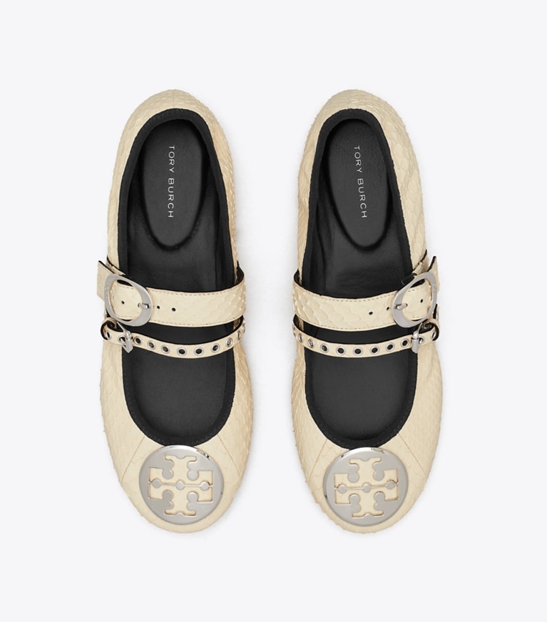 Tory Burch designer flats Reva Punk Travel Ballet in BUTTER / SILVER overhead