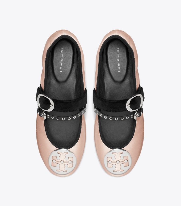 Tory Burch designer flats Reva Punk Travel Ballet in SATIN BLUSH overhead