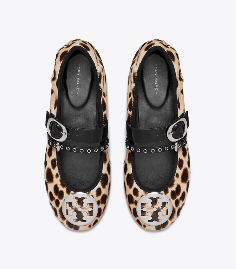 Tory Burch designer flats Reva Punk Travel Ballet in CHEETAH SPOTS / SILVER overhead