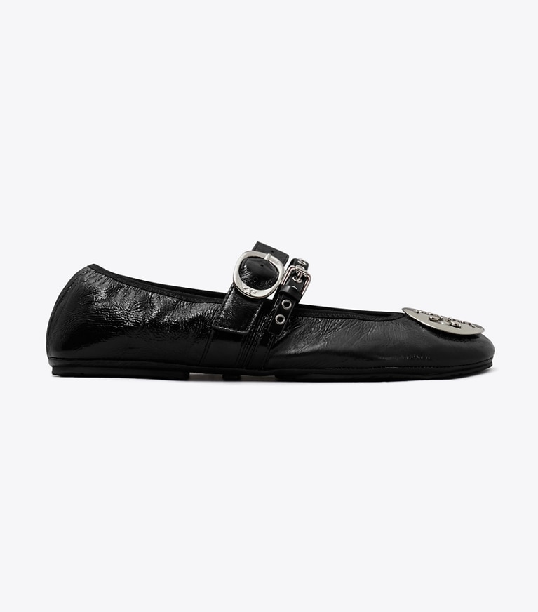 Tory Burch designer flats Reva Punk Travel Ballet in PERFECT BLACK / SILVER side