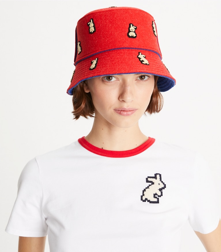 Tory Burch designer hats Reva the Rabbit Felt Bucket Hat in Rambutan front
