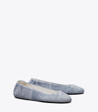 Tory Burch designer loafers Reva Travel Ballerina in BLUE CLOUD angle