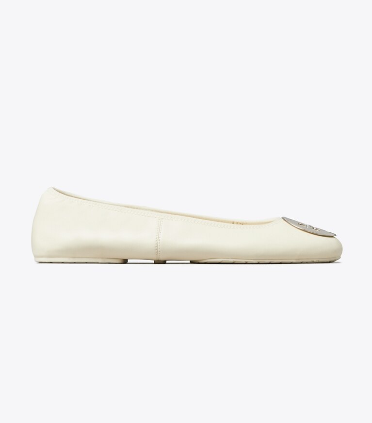 Tory Burch designer loafers Reva Travel Ballerina in LIGHT CREAM / SILVER side
