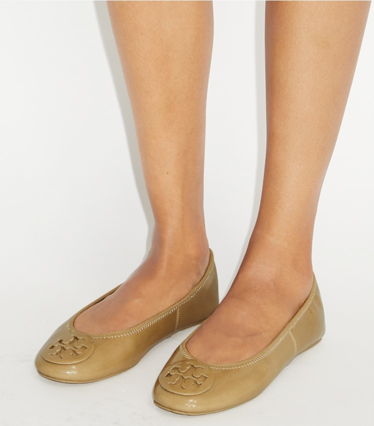 Tory Burch designer flats Reva Travel Ballet in PALO SANTO / PALO SANTO additional on model